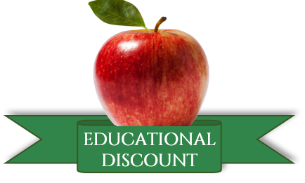 Fresh shiny red apple with a green ribbon in front with white lettering that says educational discount in all caps