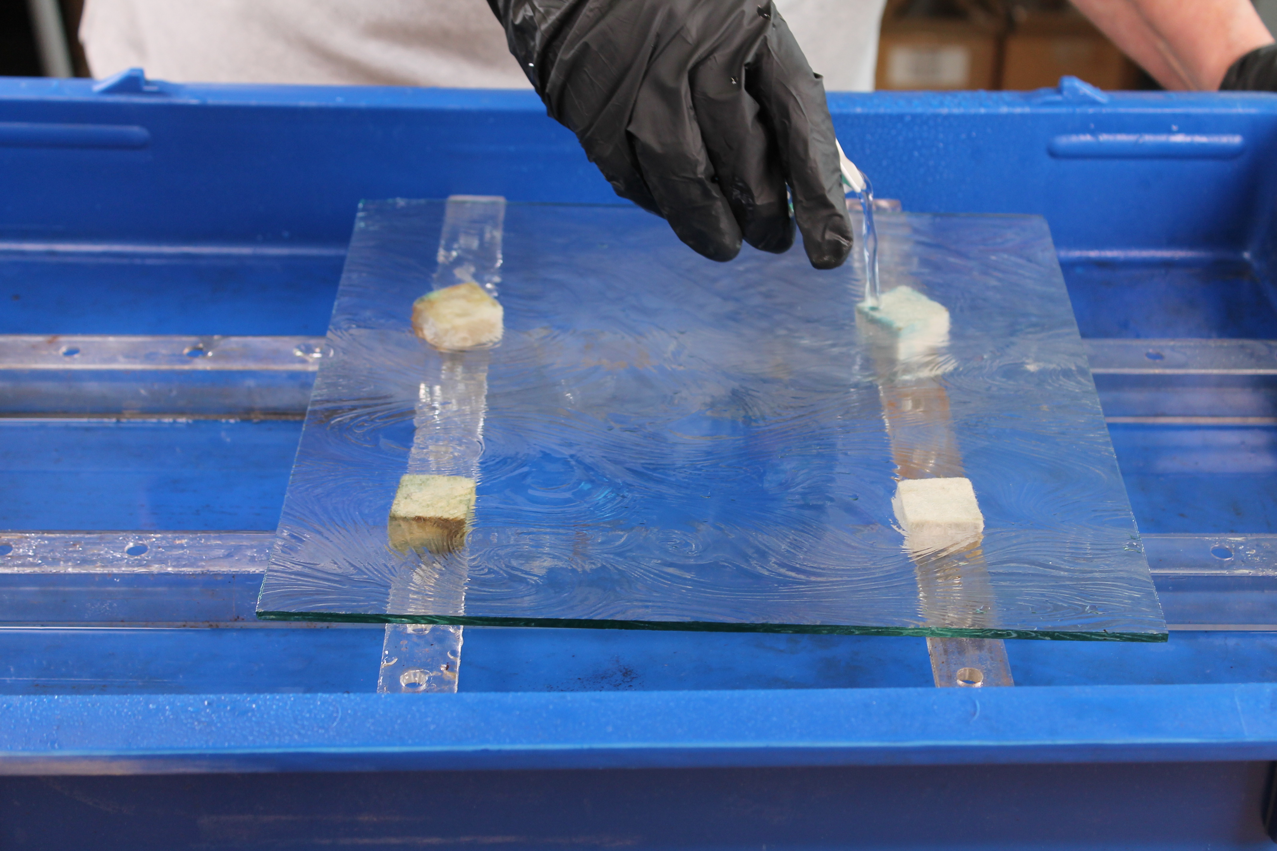Pouring Silvering Chemicals on textured glass in a Bench Kit Tray