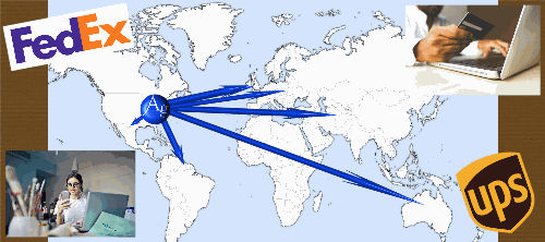 image displaying a map that Angel Gilding ships from the US to many parts via UPS and FedEx